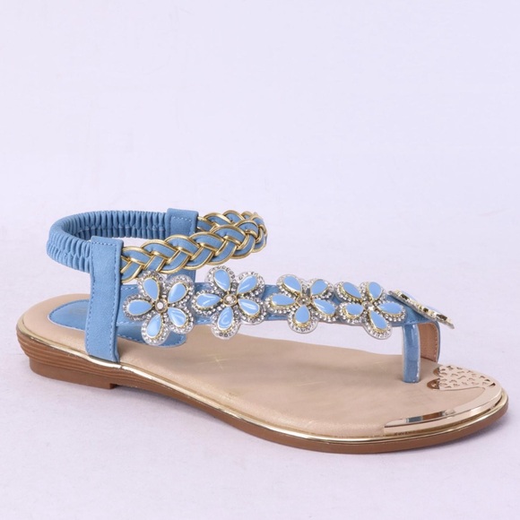 Italina Tan Floral Gold Metallic Braided Rhinestone Low Heeled Sandal - Picture 6 of 7